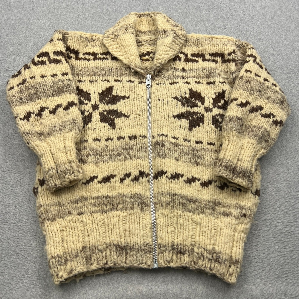 Cowichan Sweater Mens Medium* Cream Brown Snowflake Shawl Zip Cardigan Hand Knit